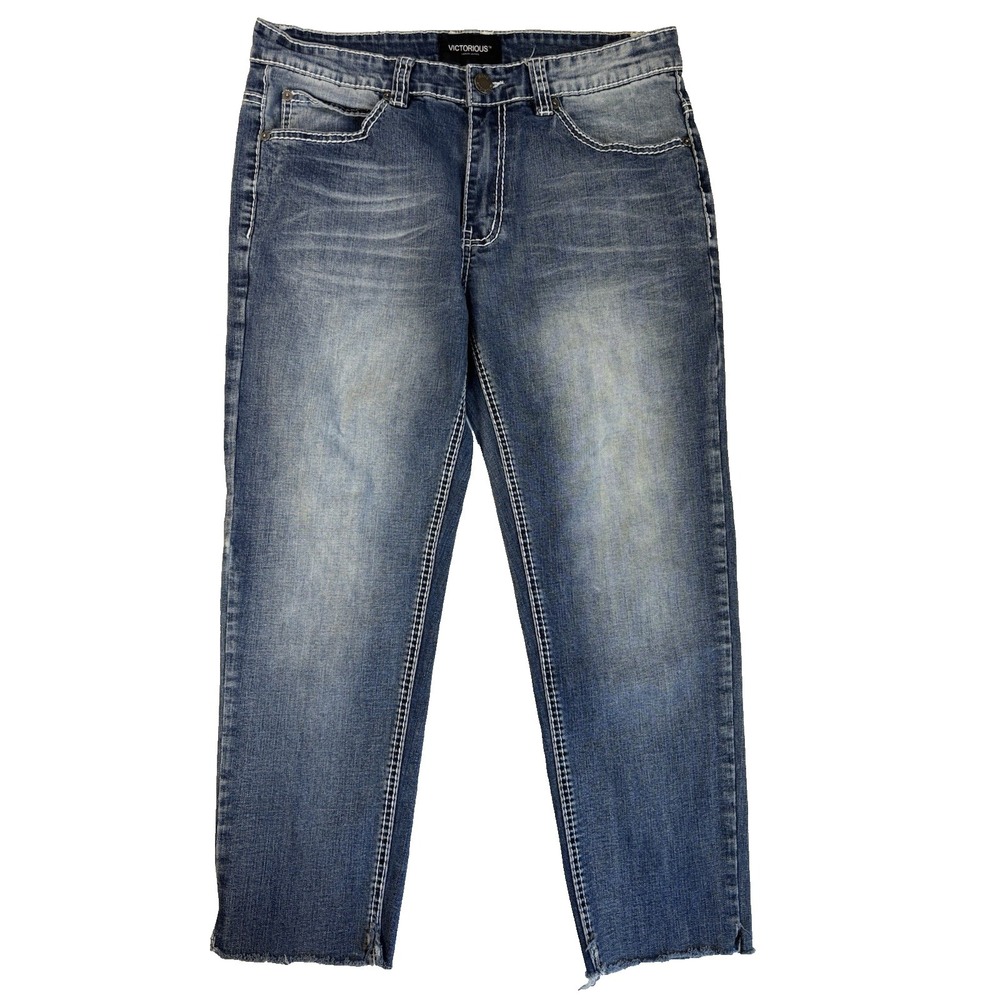 Victorious Men's 32X26 Denim Jeans Raw Hem Whiskered Straight Leg Streetwear